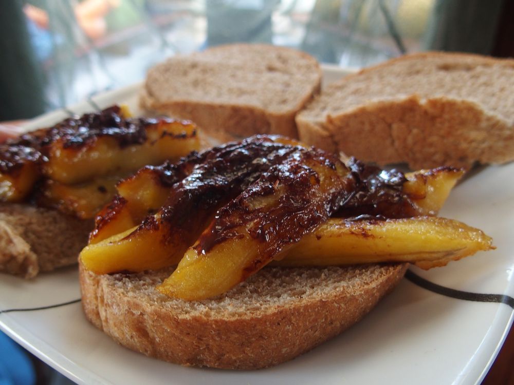 bread and fried palntain with dark chocolate